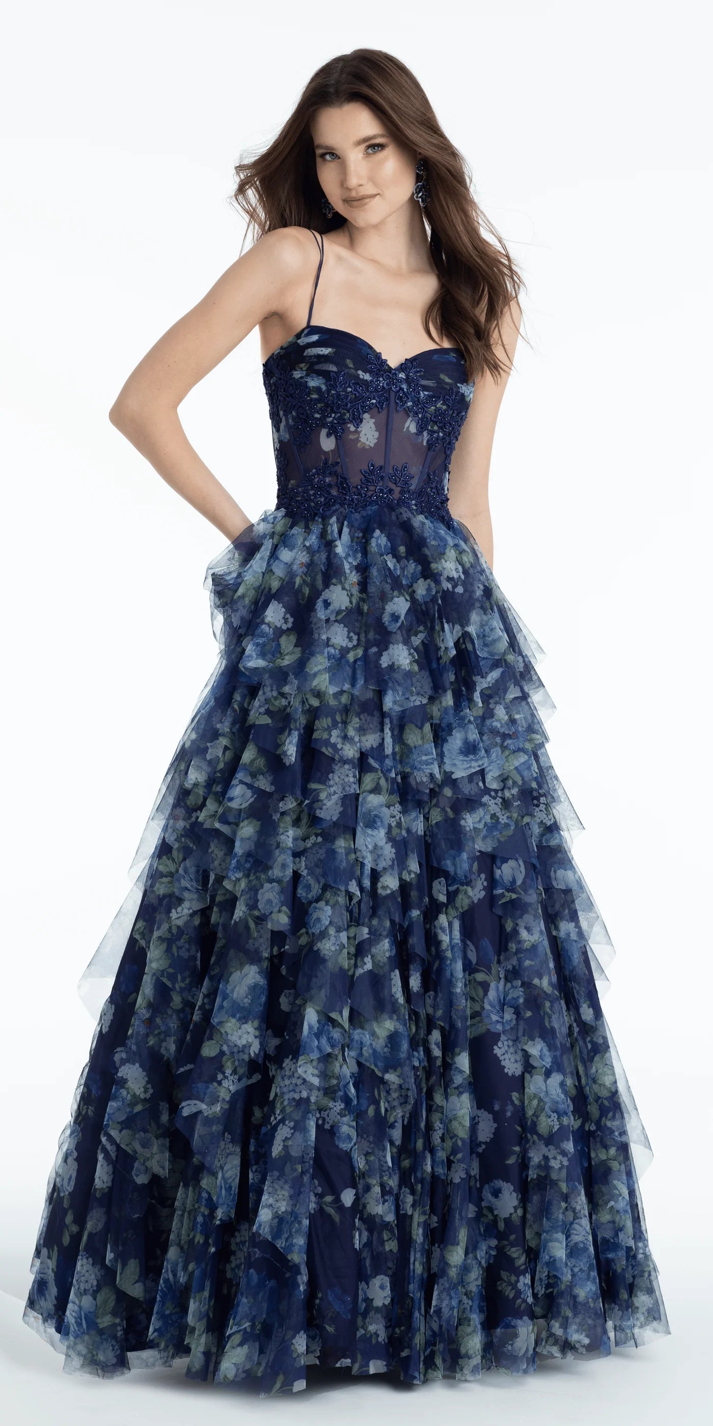 Luscious Navy Floral Print Tulle Sweetheart Neck Spaghetti Strap Lace-Up Back Tiered A-Line Prom Gown