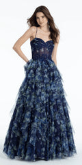 Dark Navy Chiffon A-Line Floor-Length Evening Dress with Appliqued Illusion Bodice & Tiered Floral Skirt