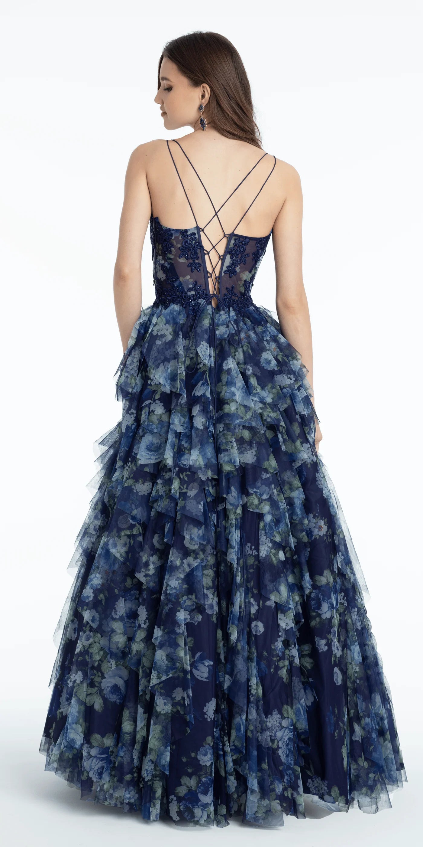 Luscious Navy Floral Print Tulle Sweetheart Neck Spaghetti Strap Lace-Up Back Tiered A-Line Prom Gown