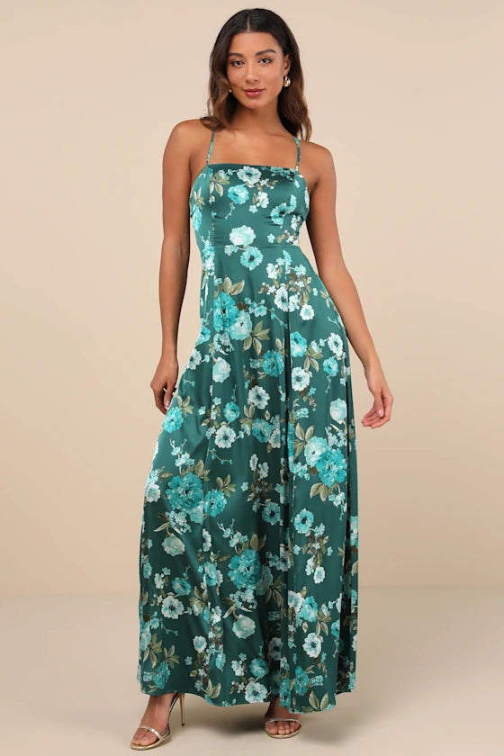 Lush Teal Floral Satin A-Line Spaghetti Strap Square Neck Open Back Prom Dresses