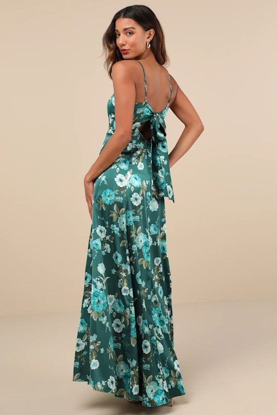 Lush Teal Floral Satin A-Line Spaghetti Strap Square Neck Open Back Prom Dresses