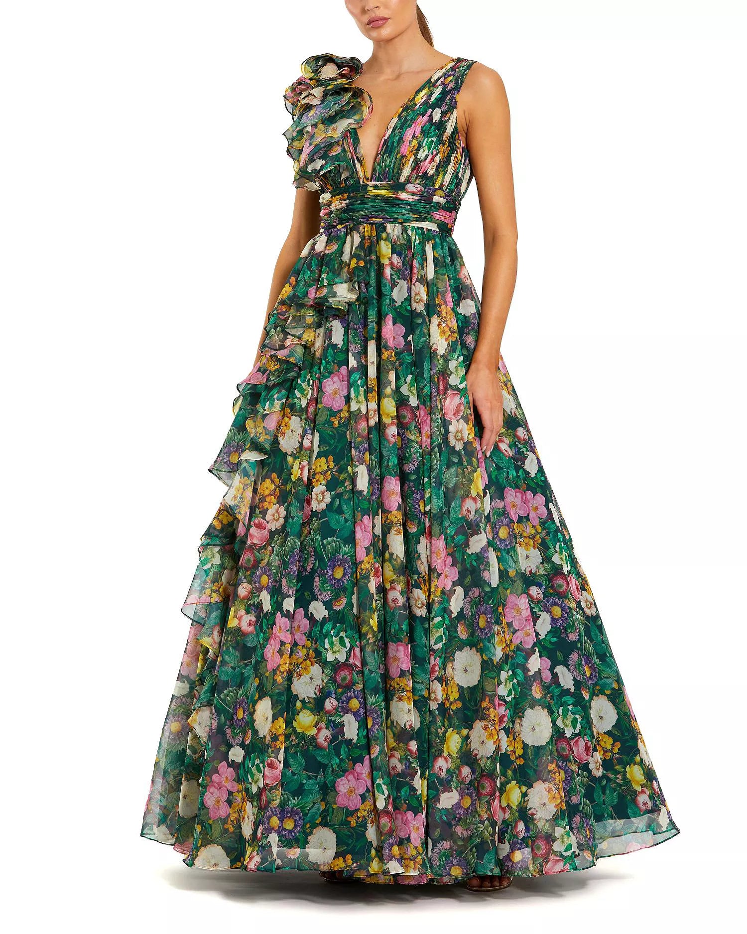 Lush Voluminous Ball Gown Deep V-Neck Sleeveless Floral Print Ruffle Detail Maxi Prom Dress