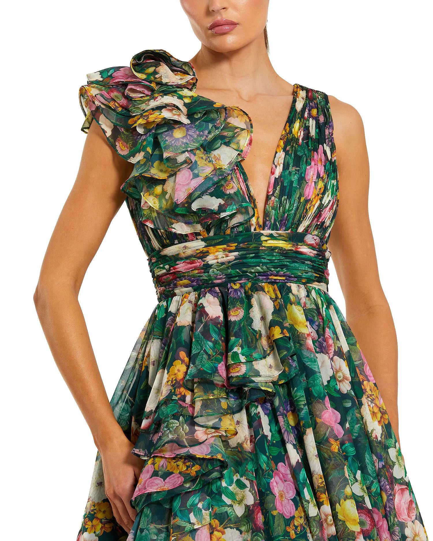 Lush Voluminous Ball Gown Deep V-Neck Sleeveless Floral Print Ruffle Detail Maxi Prom Dress