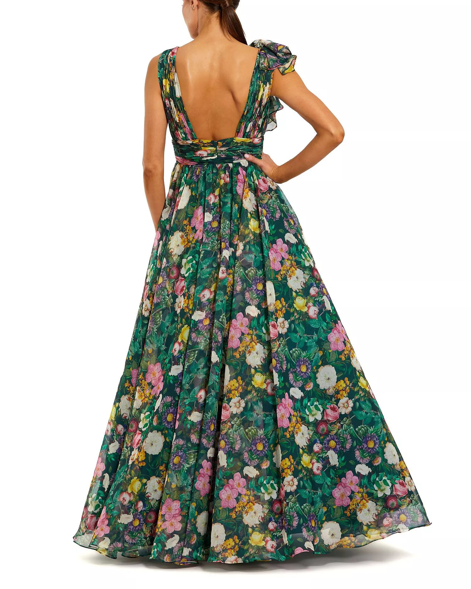 Lush Voluminous Ball Gown Deep V-Neck Sleeveless Floral Print Ruffle Detail Maxi Prom Dress