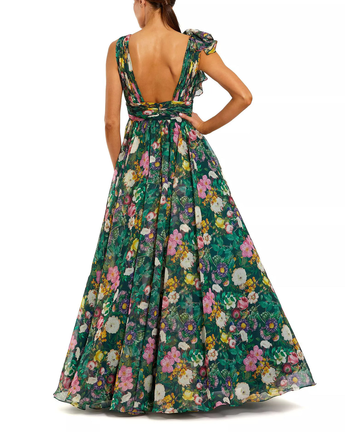 Green Chiffon A-Line Floor-Length Evening Dress with Ruffled Shoulder