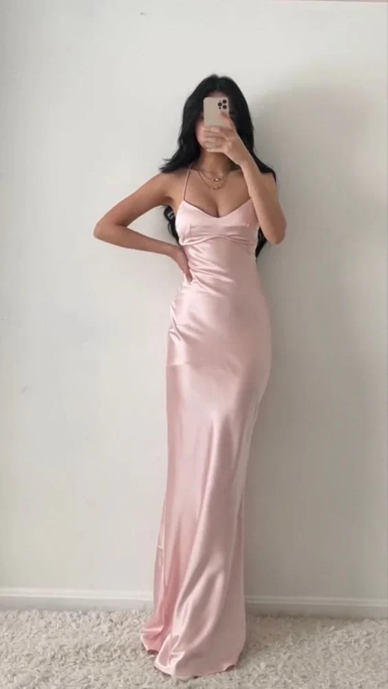 Lustrous Pink Satin Crisscross Lace-Up Back Mermaid Floor-Length Evening Dress