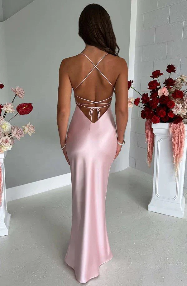 Lustrous Pink Satin Crisscross Lace-Up Back Mermaid Floor-Length Evening Dress