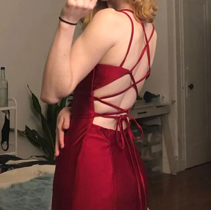 Lustrous Red Satin Plunging V-Neck Lace-Up Back Mermaid Floor-Length Evening Dress