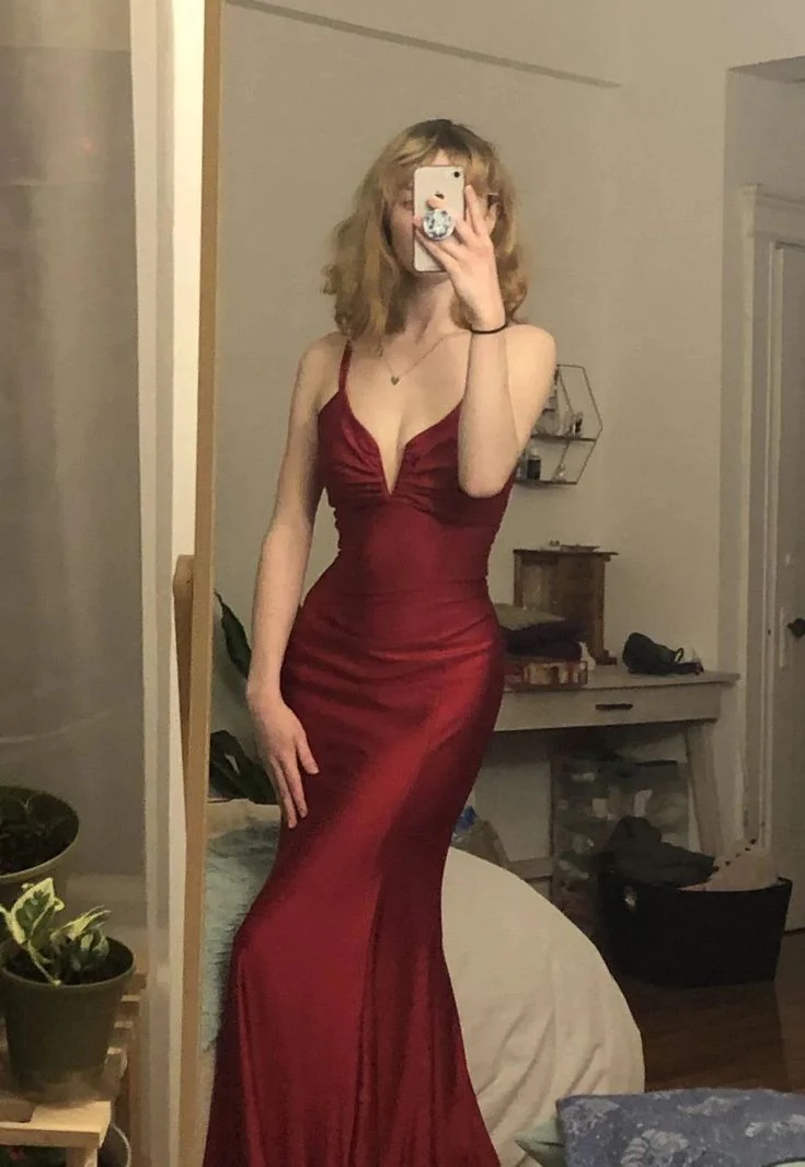 Lustrous Red Satin Plunging V-Neck Lace-Up Back Mermaid Floor-Length Evening Dress