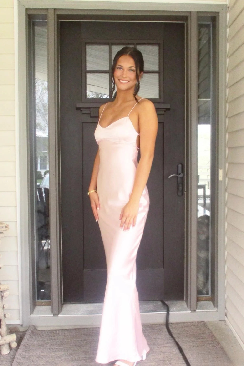 Blushing Pink Satin Cowl Neck Criss-Cross Straps Floor-Length Dress