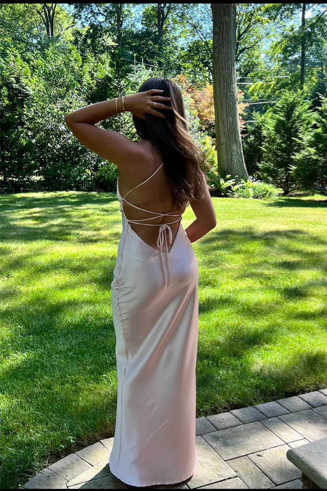 Blushing Pink Satin Cowl Neck Criss-Cross Straps Floor-Length Dress