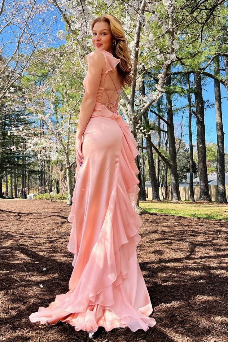 Lustrous Satin Square Neck Ruffle Strappy Lace-Up High-Slit Evening Dress