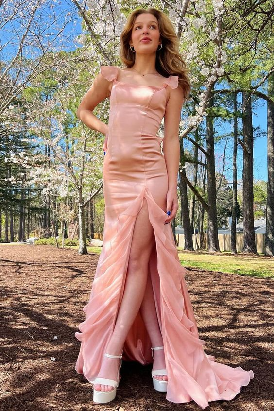 Lustrous Satin Square Neck Ruffle Strappy Lace-Up High-Slit Evening Dress