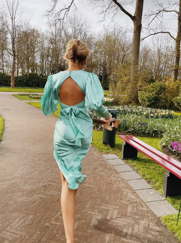 Lustrous Satin Wrap V-Neck Puff-Sleeve Keyhole-Back Midi Evening Dress