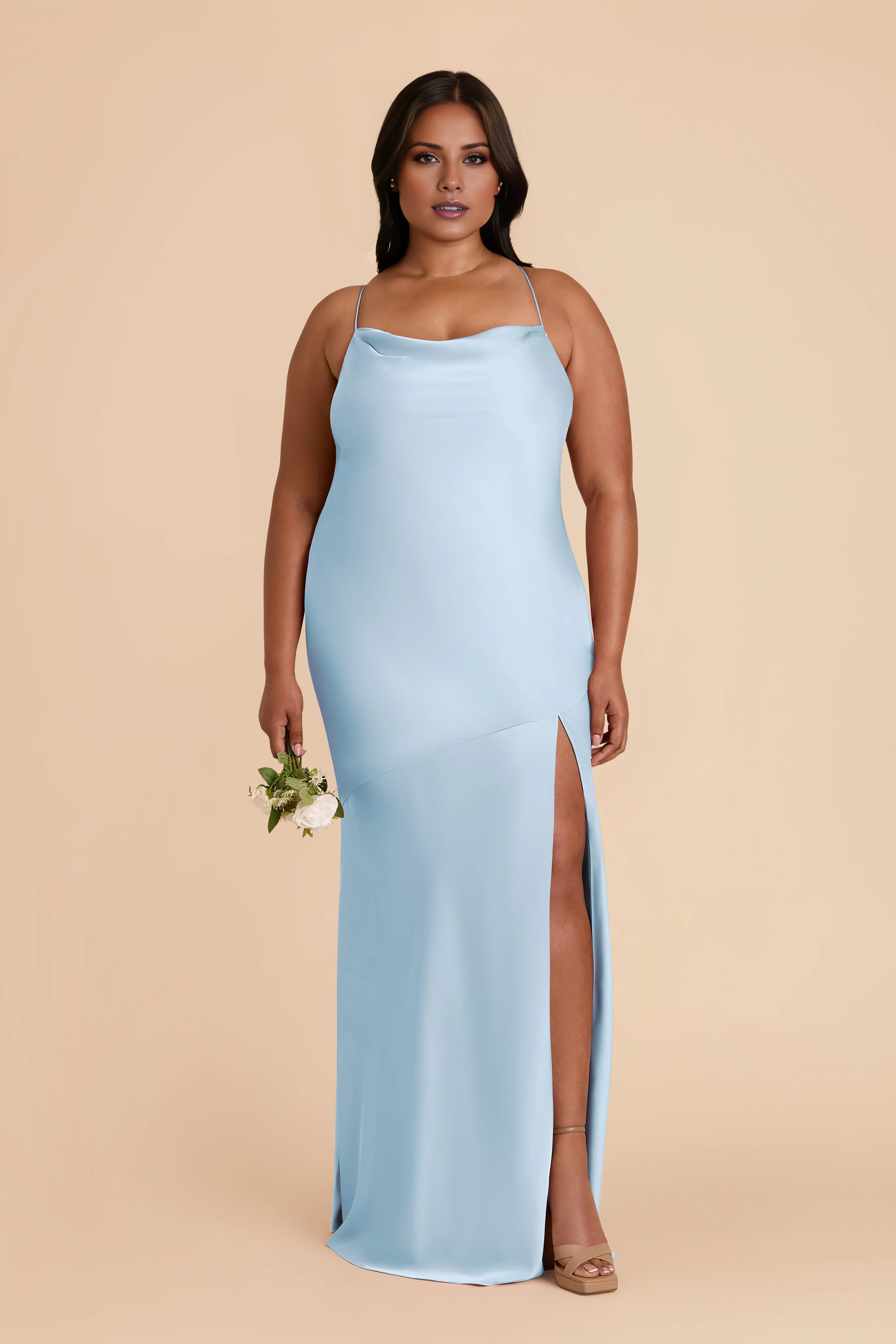 Lustrous Sky Blue Satin Sweetheart Maxi Bridesmaid Dress with Crisscross Back & High Side Slit