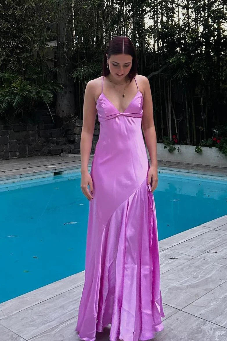 Lilac Satin A-Line Floor-Length Bridesmaid Dress