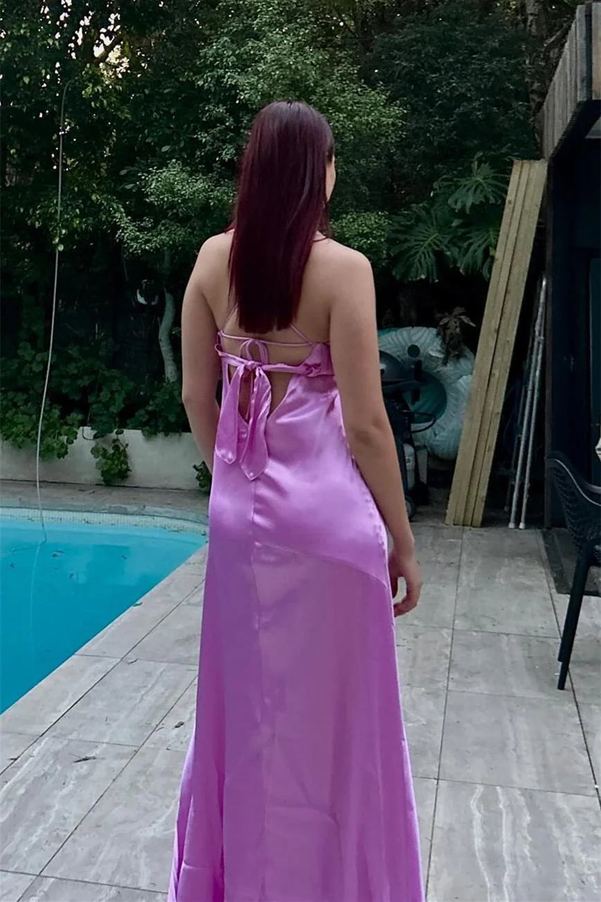 Lilac Satin A-Line Floor-Length Bridesmaid Dress