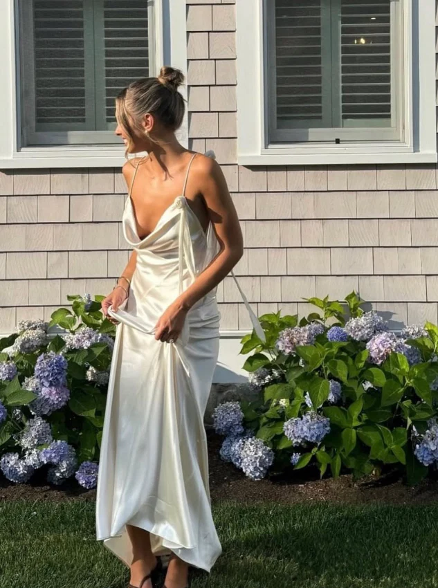 Lustrous Slip Dress Cowl Neck Spaghetti Straps Open Back Floor Length Evening Dress