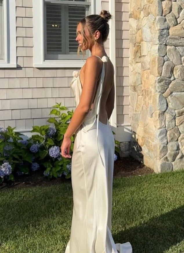 Lustrous Slip Dress Cowl Neck Spaghetti Straps Open Back Floor Length Evening Dress