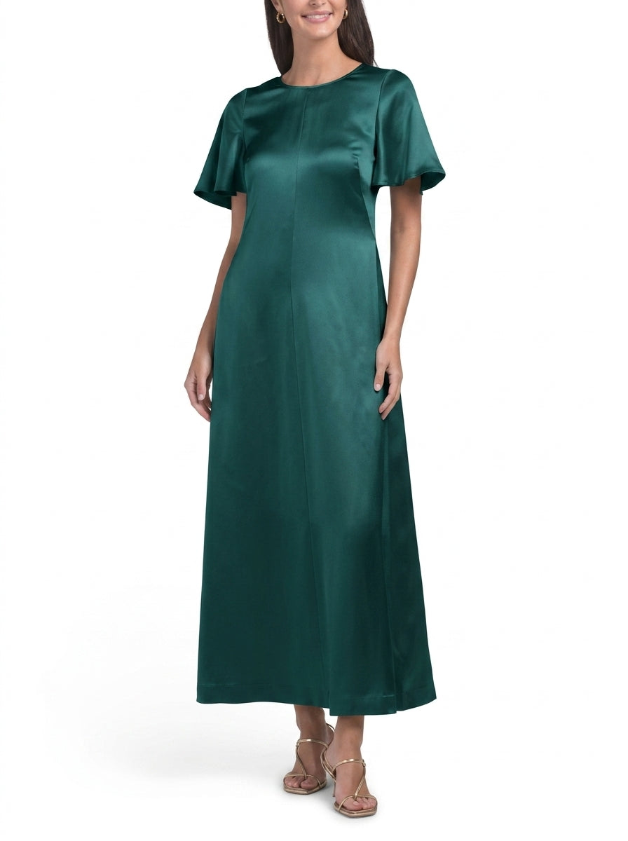 Lustrous Satin Sheath Round Neck Flutter Sleeve V-Neck Back Floor-Length Evening Dresses