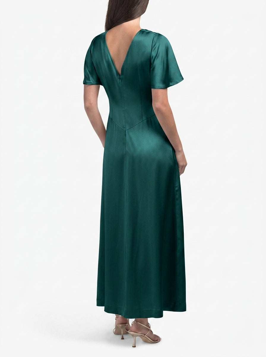 Lustrous Satin Sheath Round Neck Flutter Sleeve V-Neck Back Floor-Length Evening Dresses