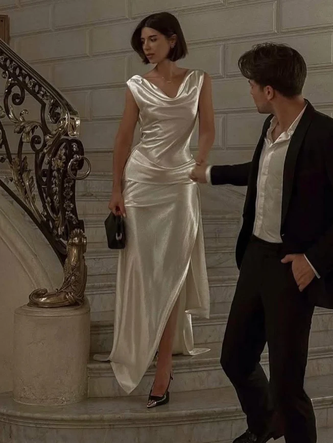 Lustrous draped-back cowl-neck sleeveless high-slit floor-length evening dresses