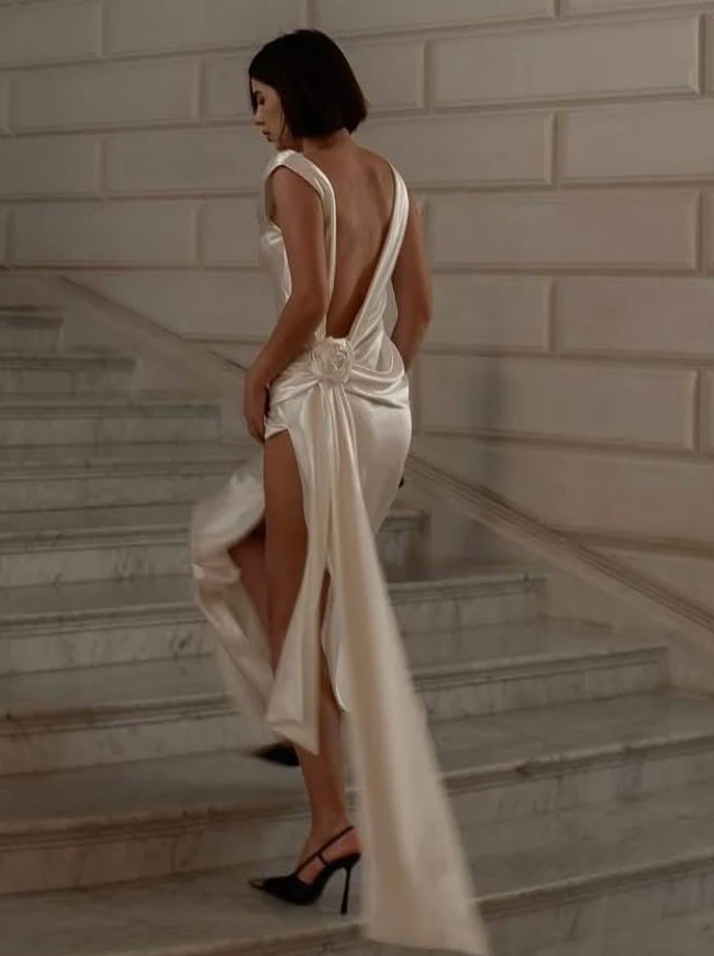 Lustrous draped-back cowl-neck sleeveless high-slit floor-length evening dresses