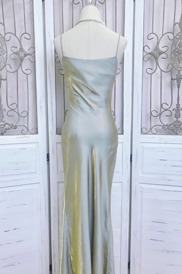 Lustrous metallic slip V-neck spaghetti-strap open-back floor-length evening dress