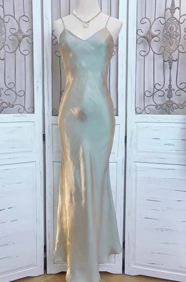 Lustrous metallic slip V-neck spaghetti-strap open-back floor-length evening dress