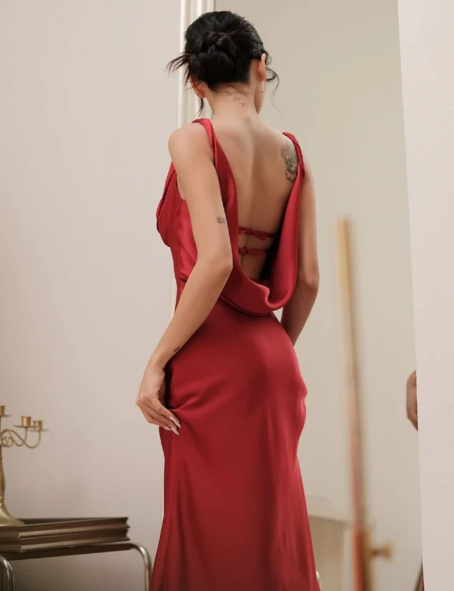 Lustrous satin cowl-neck mermaid sleeveless draped-back floor-length evening dresses