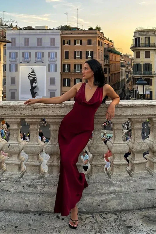 Lustrous satin cowl-neck slip-style deep-V sleeveless open-back floor-length evening dresses