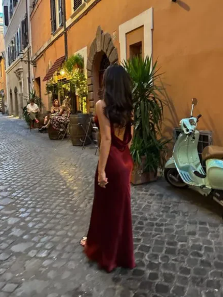 Lustrous satin cowl-neck slip-style deep-V sleeveless open-back floor-length evening dresses