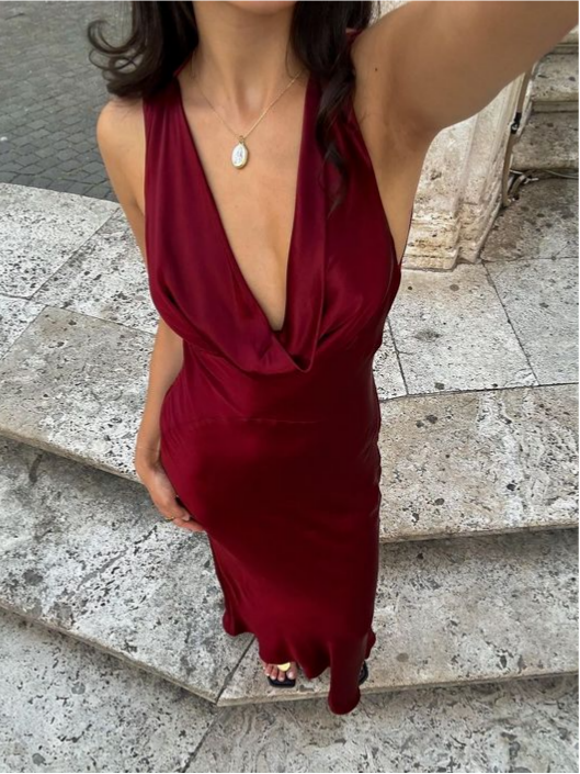 Lustrous satin cowl-neck slip-style deep-V sleeveless open-back floor-length evening dresses