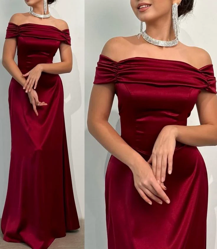 Lustrous satin mermaid off-shoulder short-sleeve lace-up floor-length evening dress