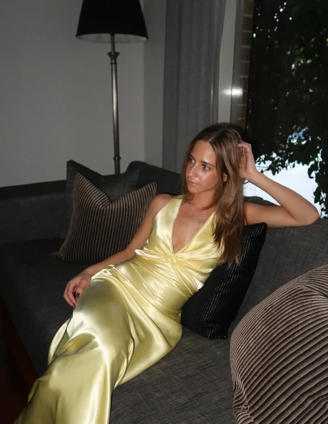 Lustrous satin slip V-neck sleeveless crisscross-tie back floor-length evening dress