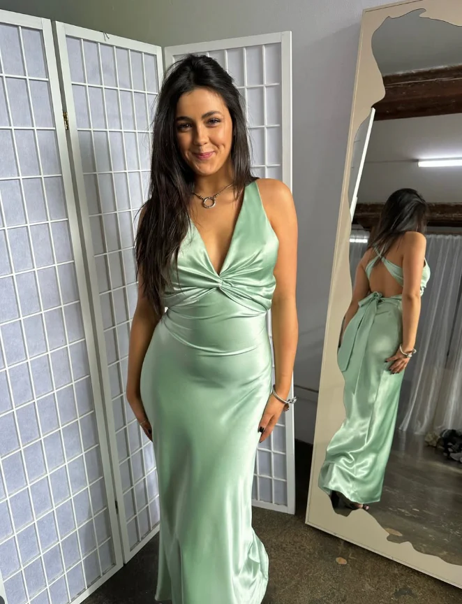 Lustrous satin slip V-neck sleeveless crisscross-tie back floor-length evening dress