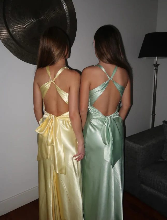 Lustrous satin slip V-neck sleeveless crisscross-tie back floor-length evening dress