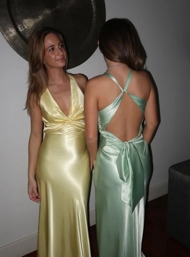 Lustrous satin slip V-neck sleeveless crisscross-tie back floor-length evening dress