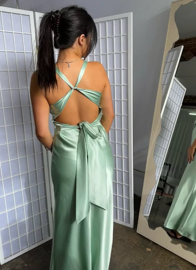 Lustrous satin slip V-neck sleeveless crisscross-tie back floor-length evening dress