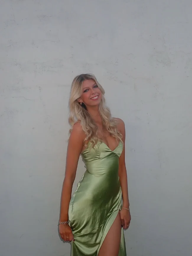 Lustrous satin slip V-neck spaghetti-strap crisscross-back slit floor-length evening dress