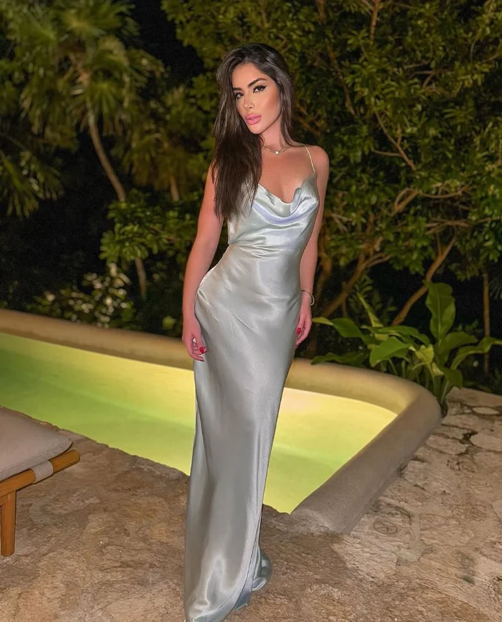 Lustrous satin slip cowl-neck spaghetti-strap open-back floor-length evening dress