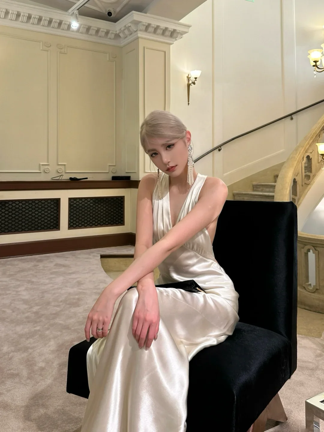 Lustrous satin slip halter-neck sleeveless open-back floor-length evening dress