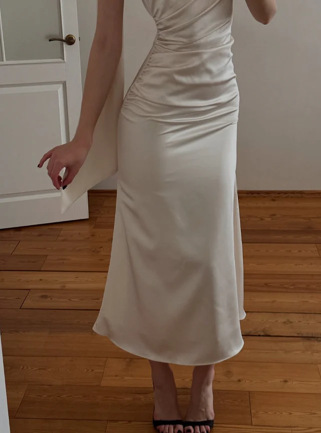 Lustrous satin slip one-shoulder sleeveless draped scarf slit midi evening dress