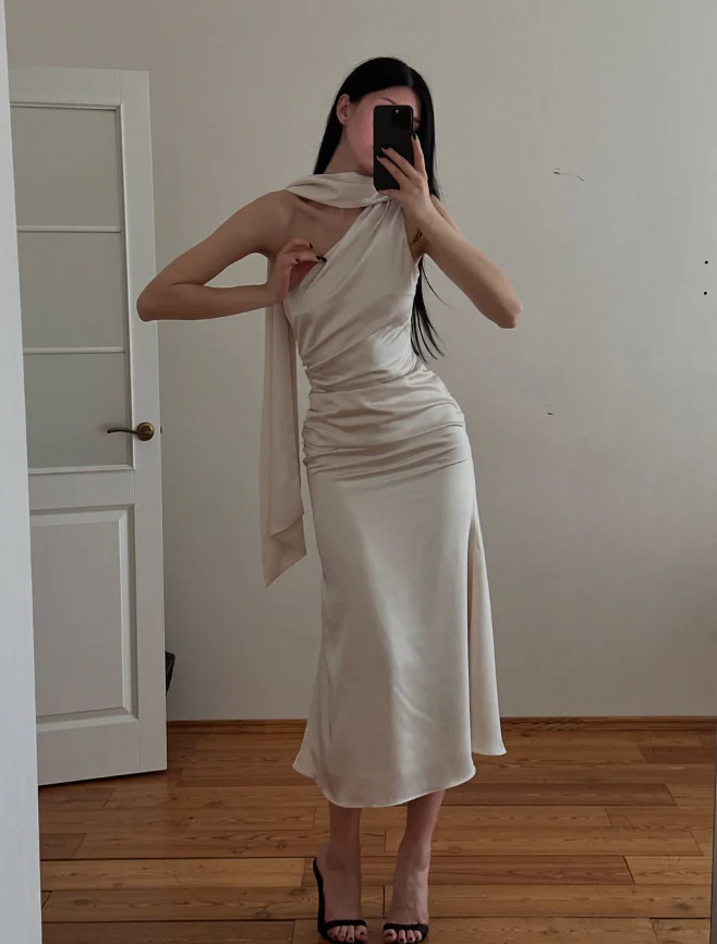 Lustrous satin slip one-shoulder sleeveless draped scarf slit midi evening dress