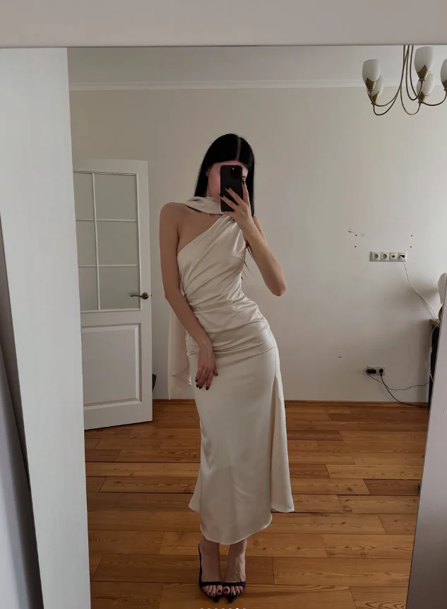 Lustrous satin slip one-shoulder sleeveless draped scarf slit midi evening dress