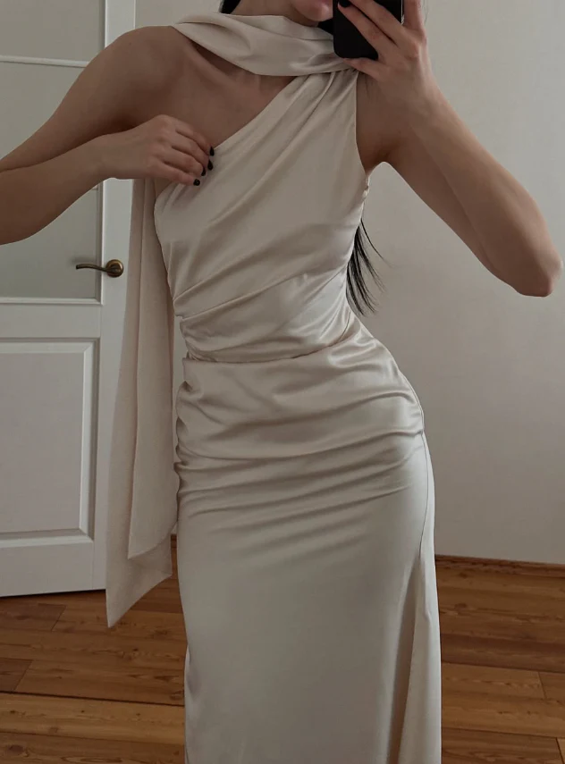 Lustrous satin slip one-shoulder sleeveless draped scarf slit midi evening dress