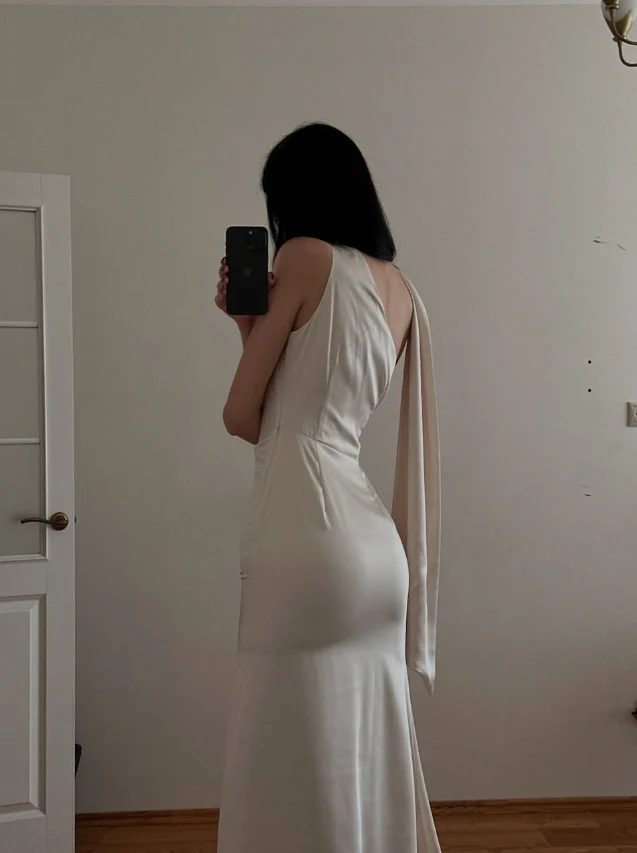 Lustrous satin slip one-shoulder sleeveless draped scarf slit midi evening dress