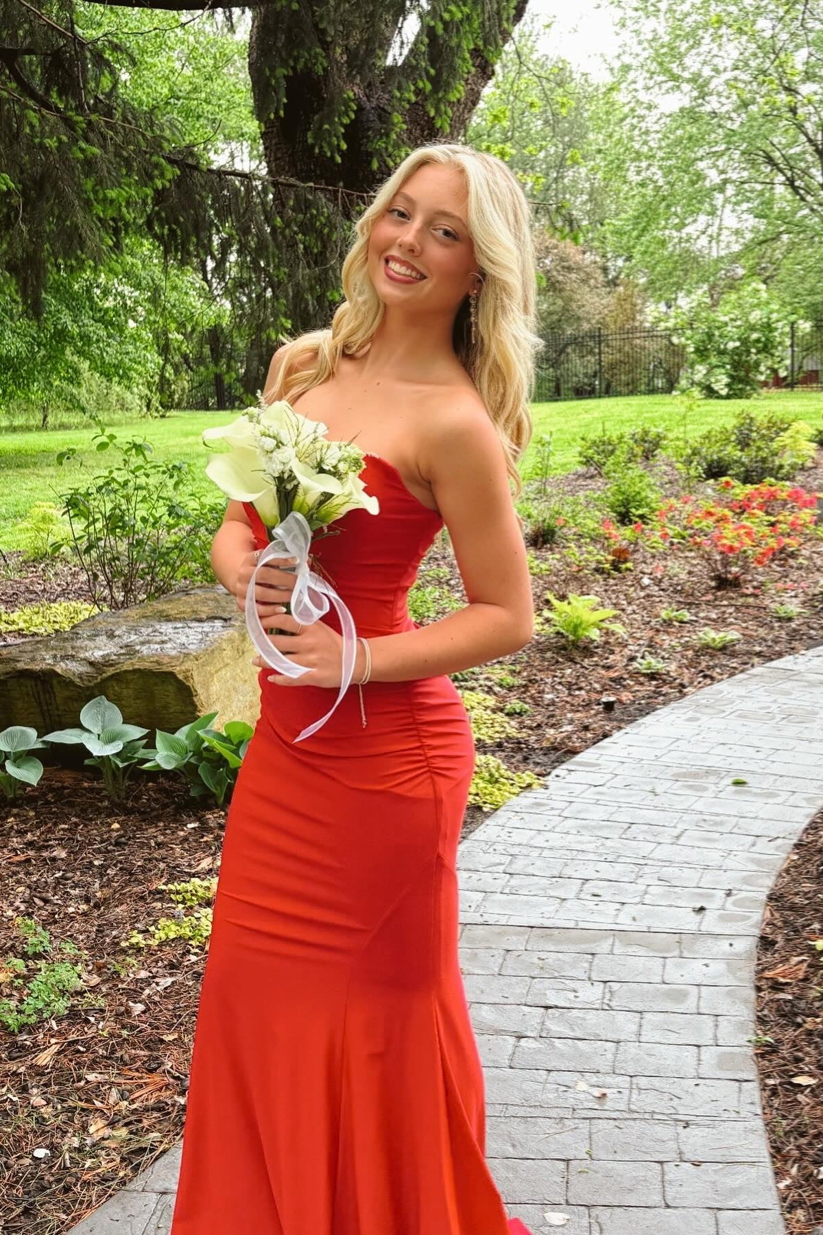 Luxe Stretch Jersey Strapless Sweetheart Ruched Bodice Mermaid Prom Dress with Tie Back & Train