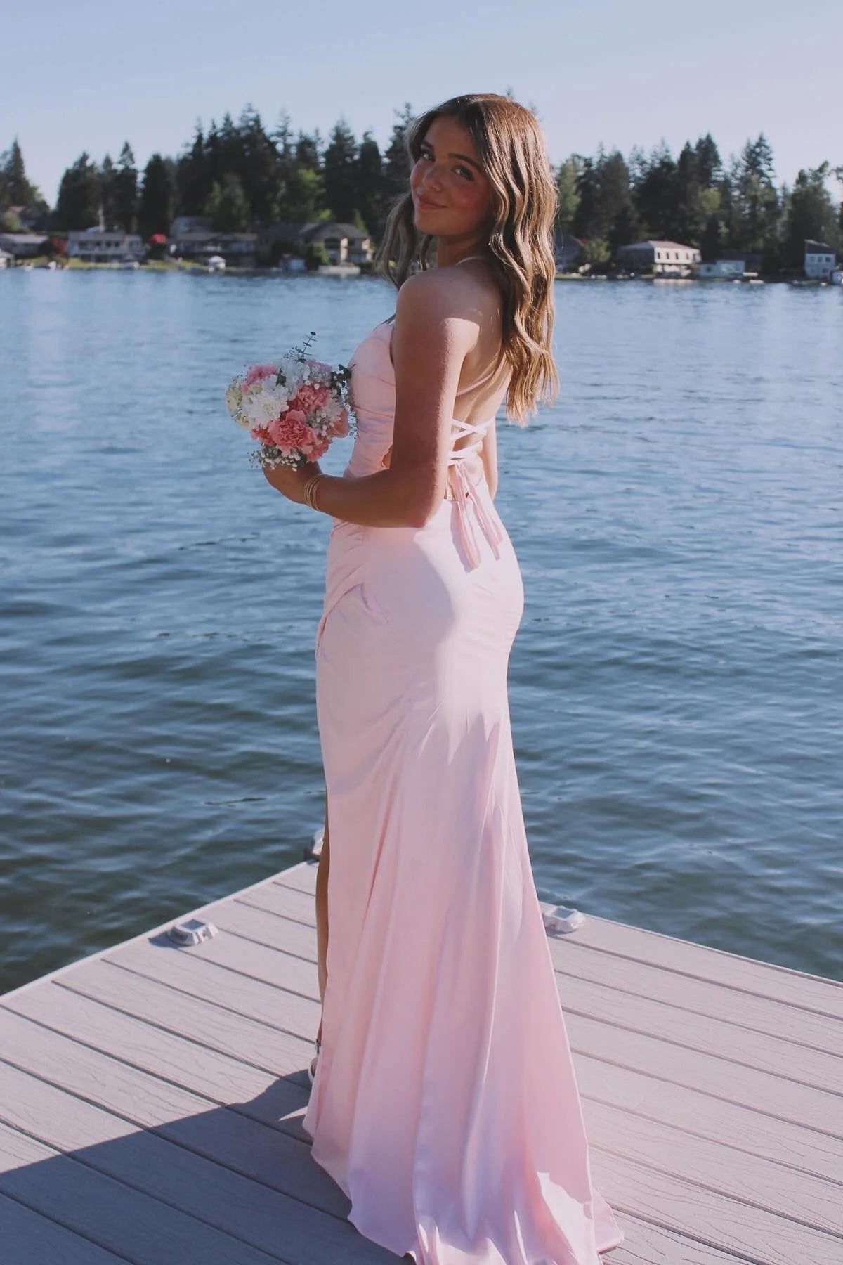 Luxe Satin Asymmetric Neck Ruched Bodice Open Back Mermaid Prom Dress with High Slit & Train