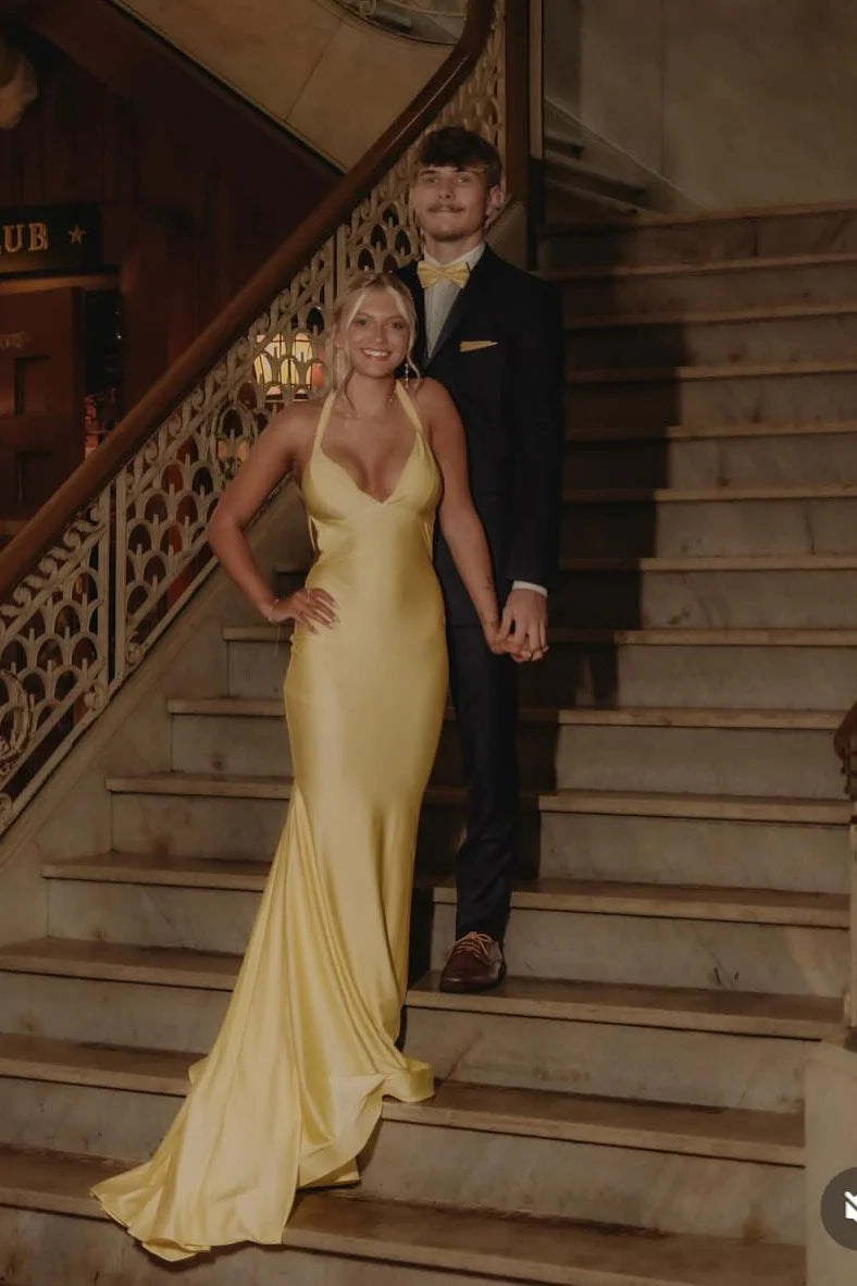 Luxe Satin Halter Plunge V-Neck Crisscross Open Back Mermaid Prom Dress with Train